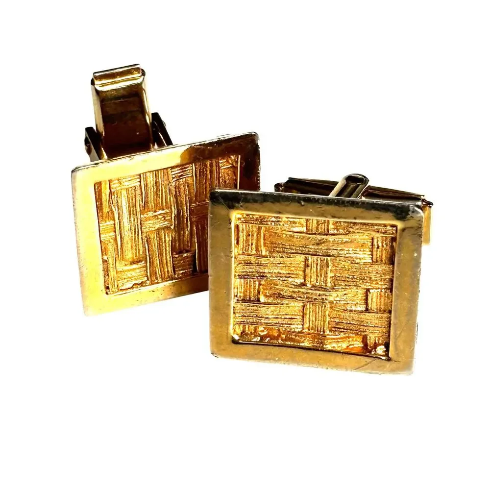 Vintage mid century cufflinks woven textured goldtone squares classic 1960's
